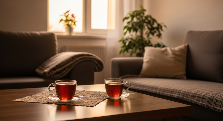 Doua cesti de ceai intr-un living calm, rugaciune pentru intelegere intre parinti si copii