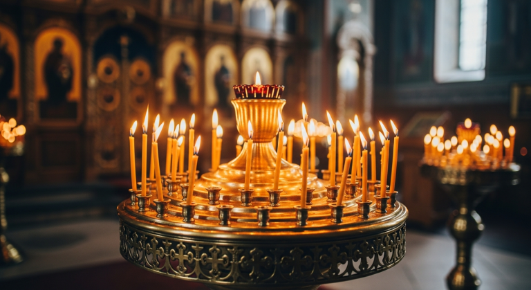 Sfesnic cu lumanari aprinse intr-o biserica ortodoxa, rugaciune catre Sfantul Spiridon pentru copii